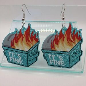 Teal Glitter 'It's Fine' Dumpster Fire Earrings